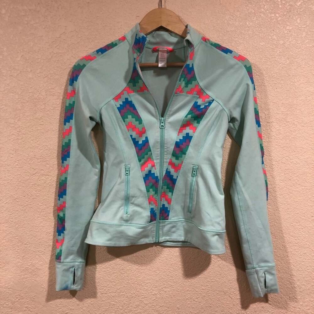 Ivivva lululemon light blue zip up jacket with colorful geometric logo
